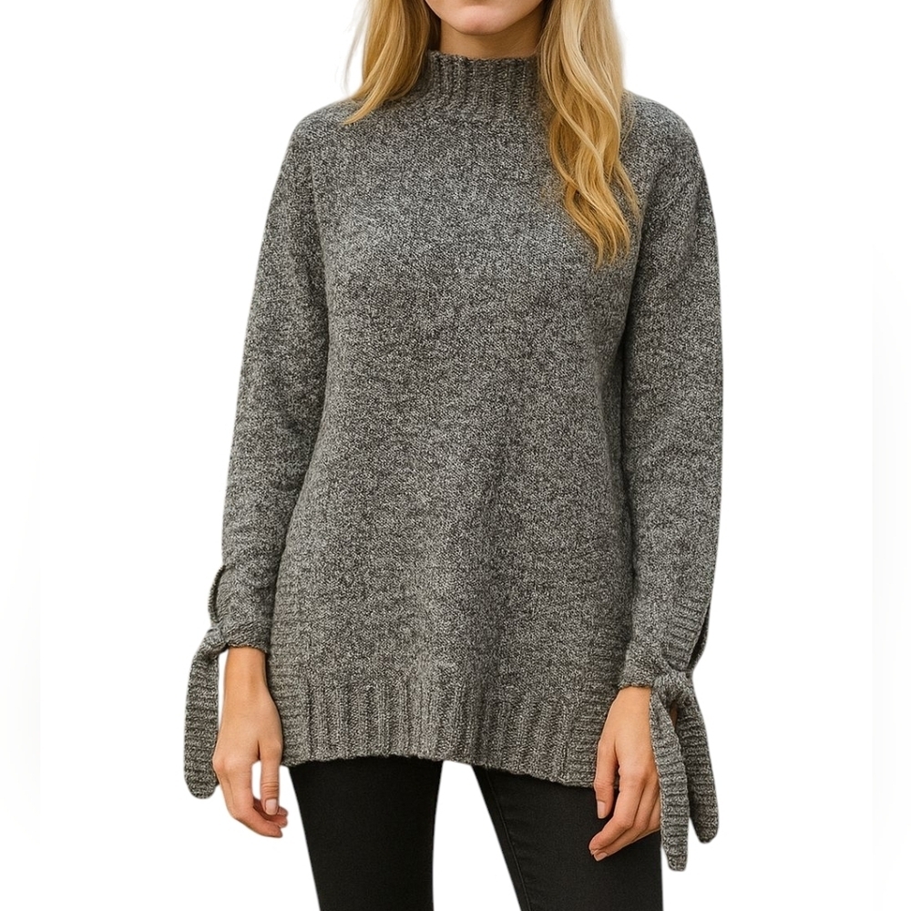 Anthropologie Moon River Sweater XS Charcoal Gray Wool Mock Neck Tie Sleeve Soft